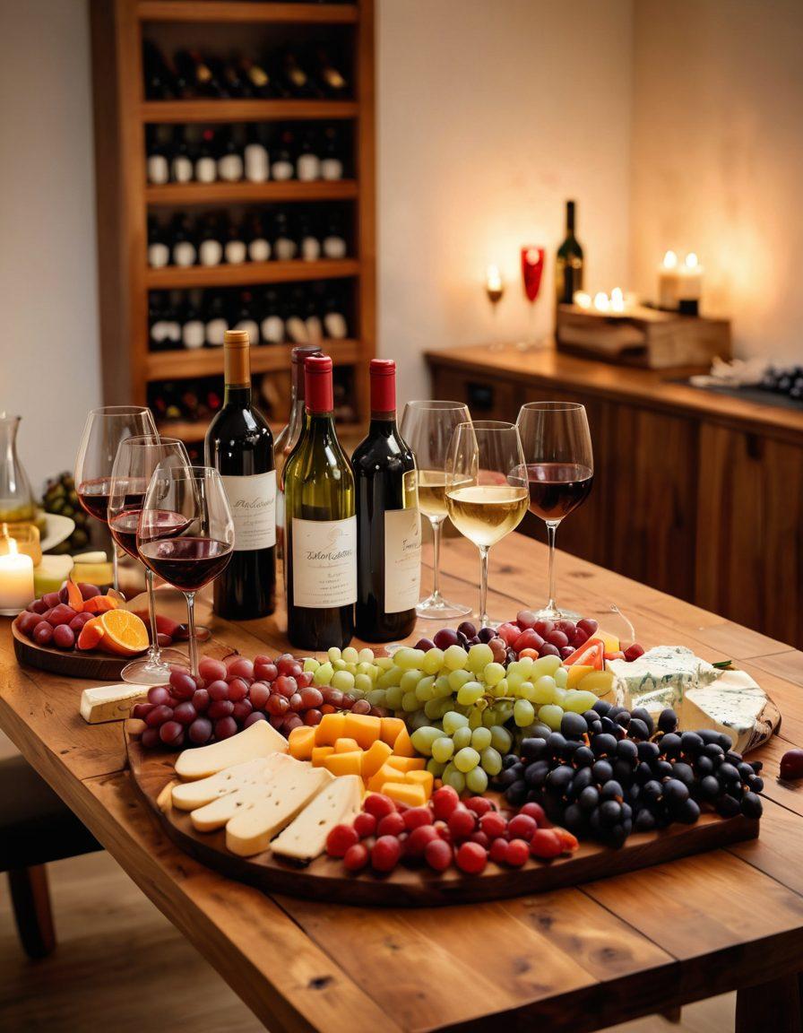 A beautifully arranged wine tasting setup featuring an elegant table with assorted wine bottles, crystal glasses filled with various red and white wines. Surround the scene with fresh fruits, cheeses, and gourmet snacks on polished wooden surfaces, complemented by soft candlelight. In the background, include wine storage solutions like racks and cellars, adding sophistication to the experience. super-realistic. rich colors. warm ambiance.