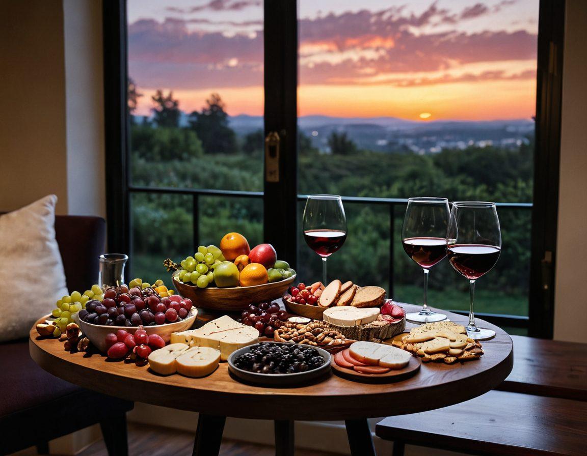 A cozy home setting showcasing a beautifully arranged wine tasting table with elegant glasses filled with various red and white wines. Soft candlelight flickers while a charcuterie board with fruits, cheeses, and nuts complements the scene. A warm, inviting atmosphere with plush seating and a window showing a sunset outside enhances the mood. The image should evoke relaxation and sophistication. super-realistic. warm tones. atmospheric lighting.