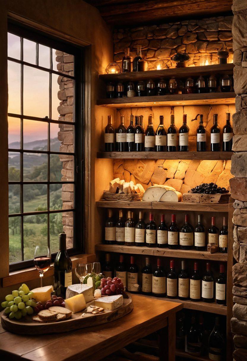 A charming vintage wine cellar filled with rustic wooden shelves, showcasing an array of wine bottles from different regions. In the foreground, an elegant cheese board with assorted cheeses, fruits, and crackers, complemented by a soft glow of candlelight. A beautiful window showing a sunset view suggests warmth and comfort. Overall, a cozy ambiance that invites readers to discover their own wine journey at home. super-realistic. warm colors. soft lighting.